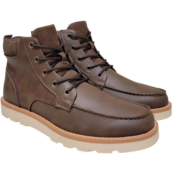 Club Room Men Clifton Moc Toe Combat Hiking Boot Size US 9.5M Brown Faux Leather - Picture 1 of 4